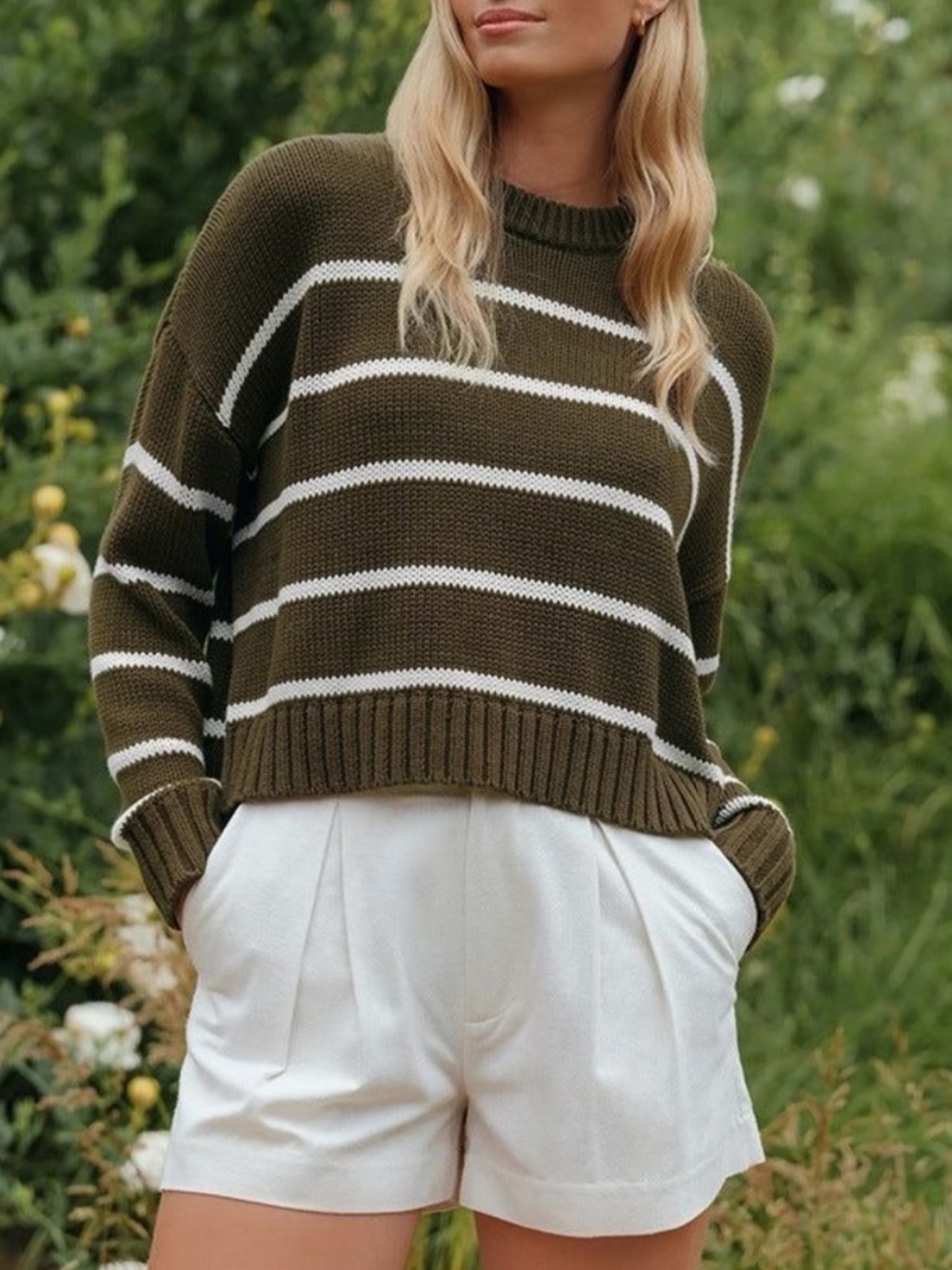 Jenni Kayne 100% Cotton Chloe Crewneck Sweater Army and Ivory Stripe - Size XXS